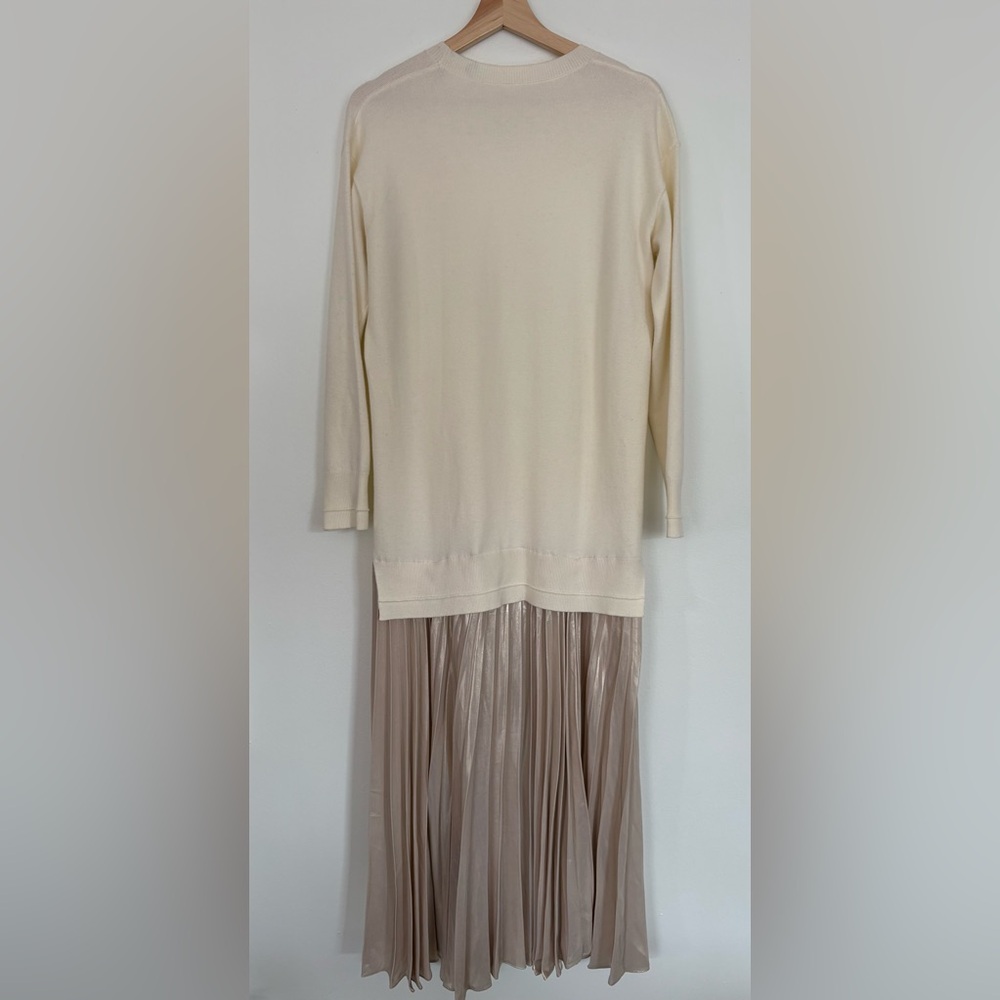 Anthropologie || Pleated Twofer Sweater Dress Satin Metallic Cream Ivory‎ XS - Picture 6 of 9